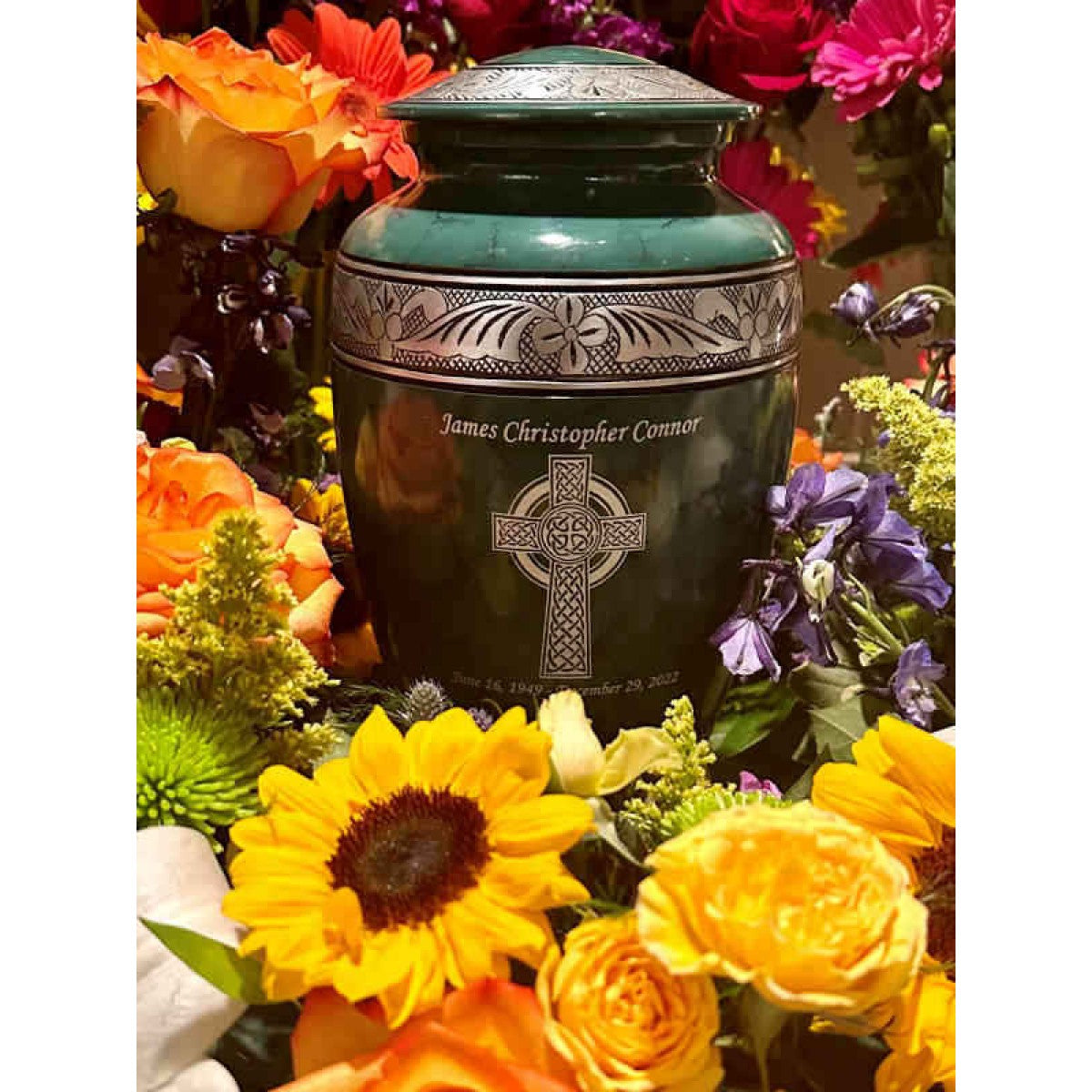 irish green celtic cross cremation urn floral wreath