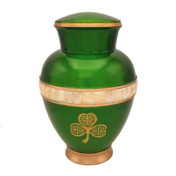 irish green shamrock adult cremation urn with mother of pearl