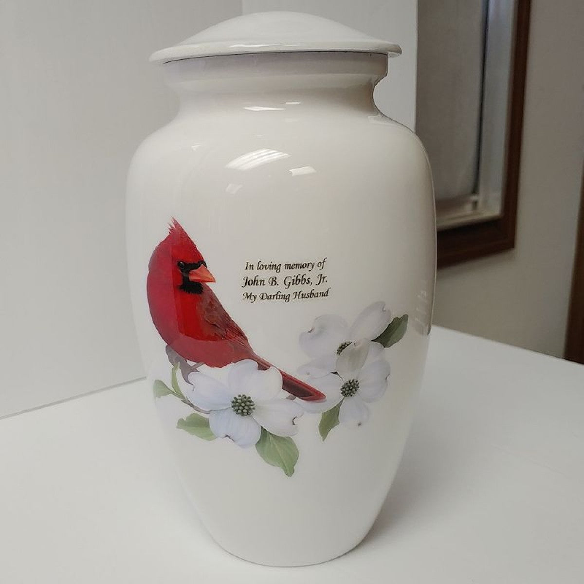 engraved cardinal urn for ashes