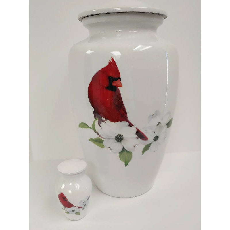 adult cardinal urn and keepsake urn for ashes