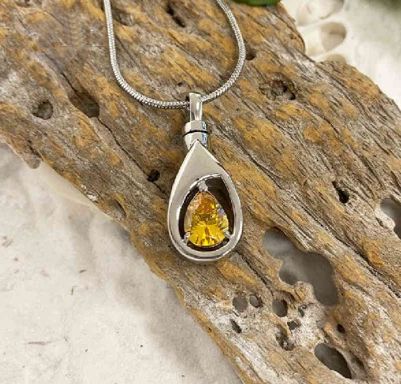 Amber Teardrop Cremation Jewelry, November Birthstone