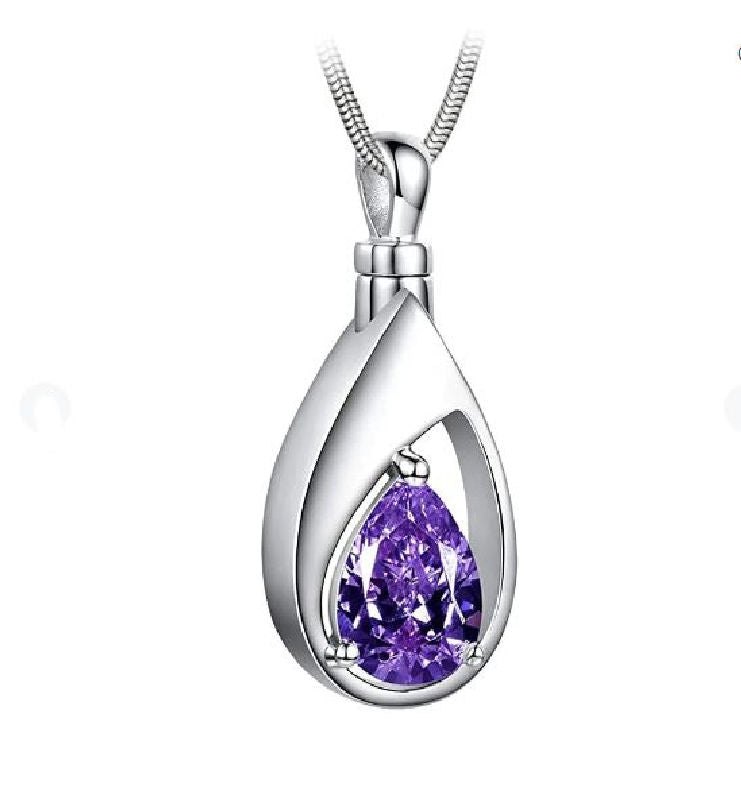 Purple Tear Drop Cremation Necklace, February Birthstone