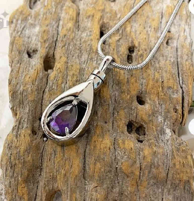 Purple Tear Drop Cremation Necklace, February Birthstone