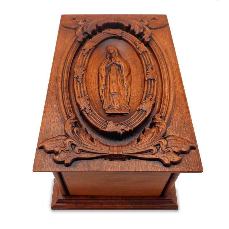 Virgin Mary Cherry Wood Cremation Box for Ashes