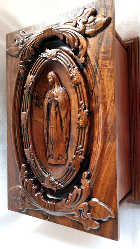 Virgin Mary Cherry Wood Cremation Box for Ashes